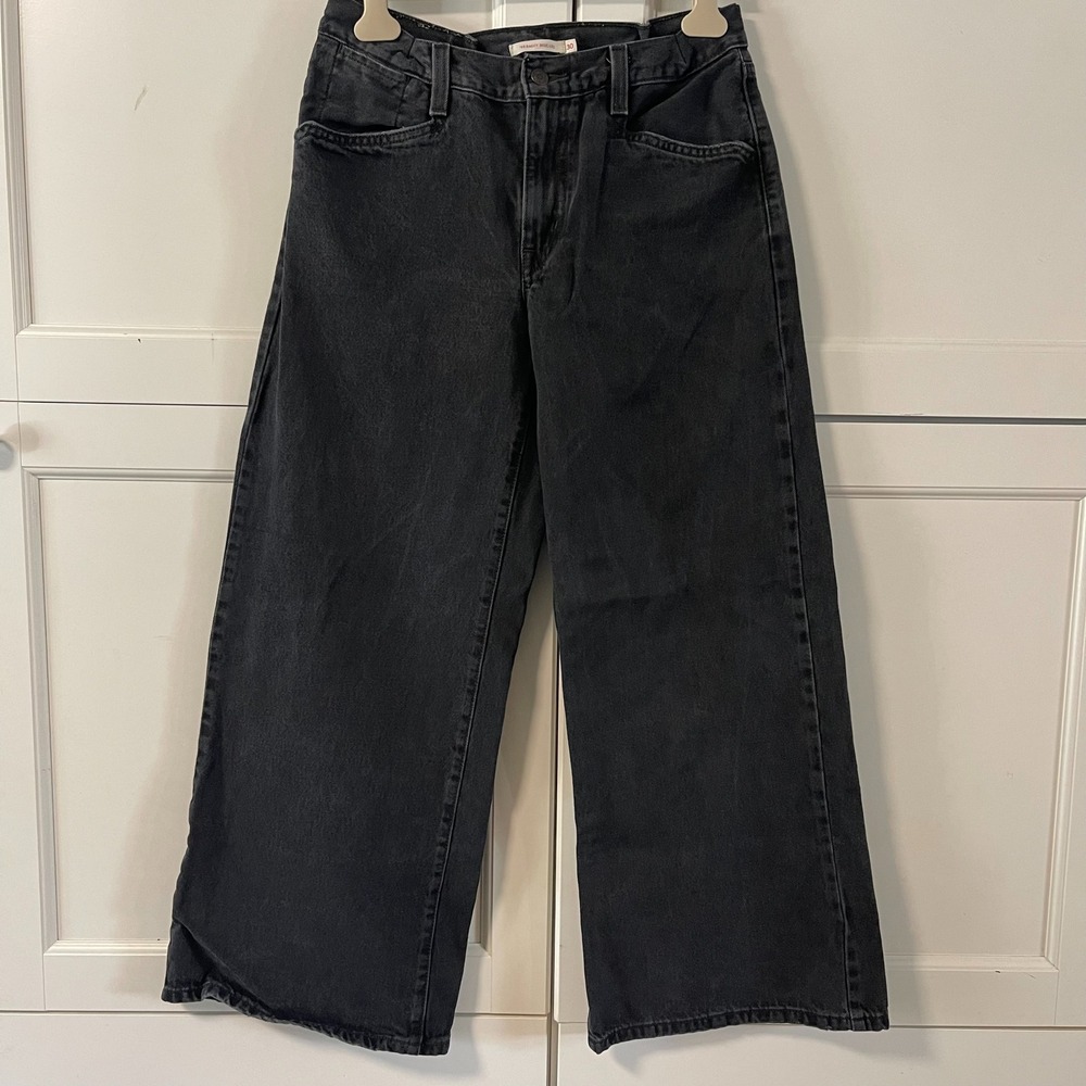Levis 94 Baggy Wide Leg Jeans Washed Black Denim High Rise Pants 30